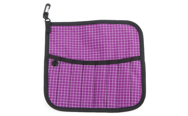The front of a Tool Pen Wrap in Ultraviolet (purple with white grid) 200 Halcyon.